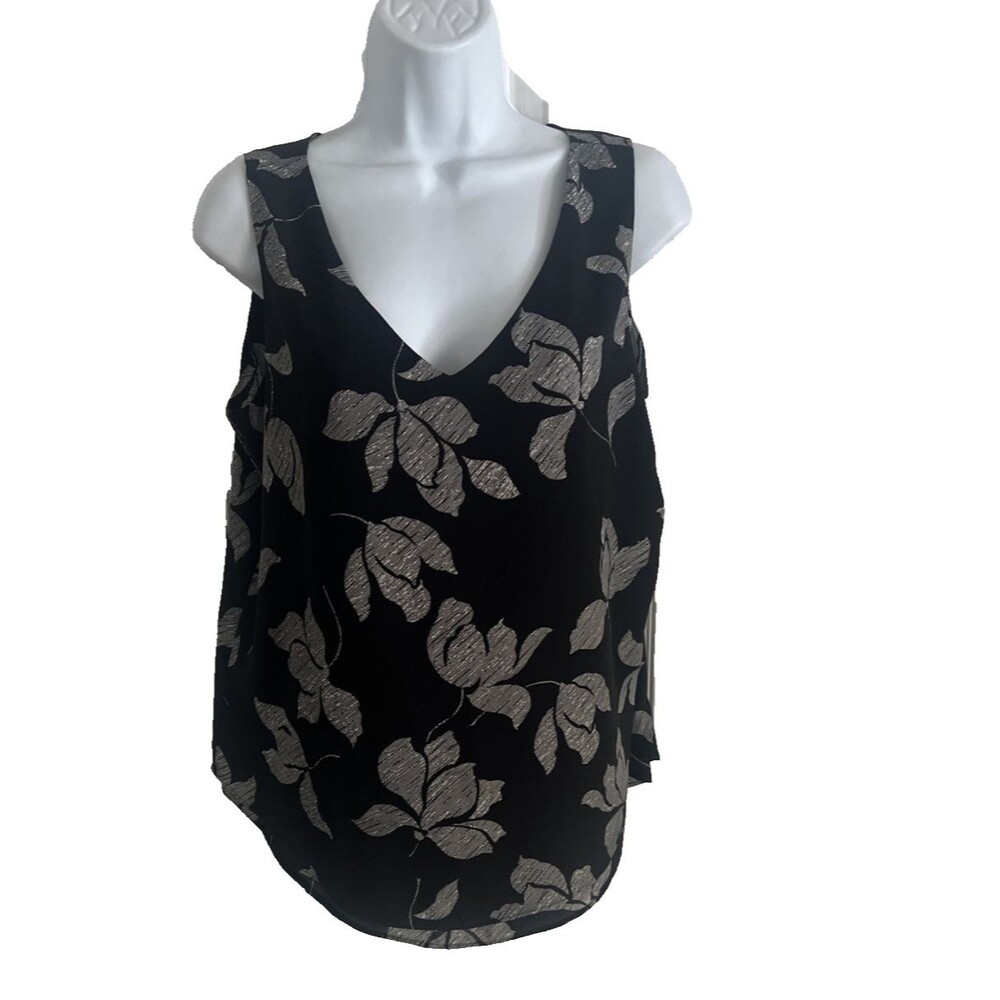 Ann Taylor Womens Sleeveless V Neck Top Size M Black Gray Floral Blouse NWOT